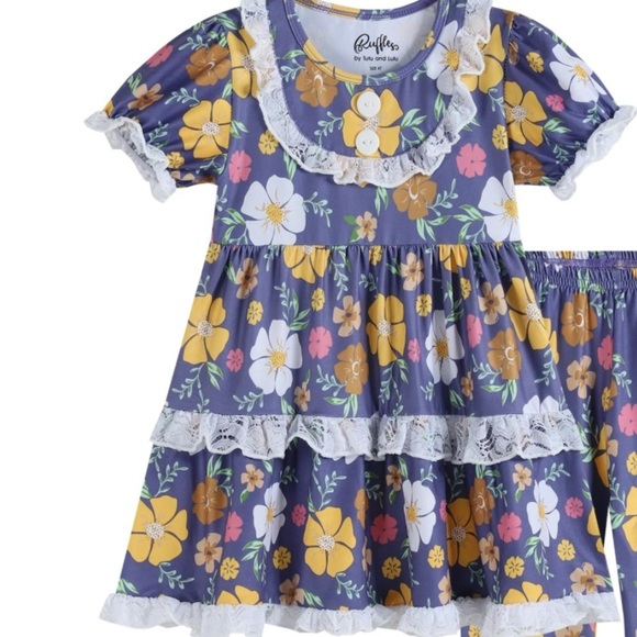RUFFLES BY LULU & TUTU Blue Floral Rosette Dress Size 8 Years Cottage - Picture 1 of 11
